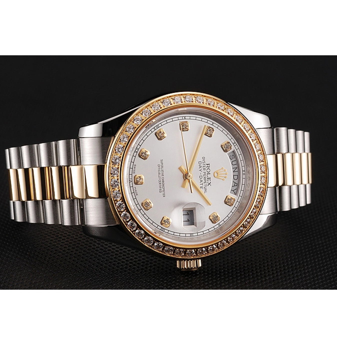 AAA Replica Watches Bracelet Case Rolex White Diamond Two Day-Date 1453971 Swiss Dial Stainless Tone Gold Steel 0723